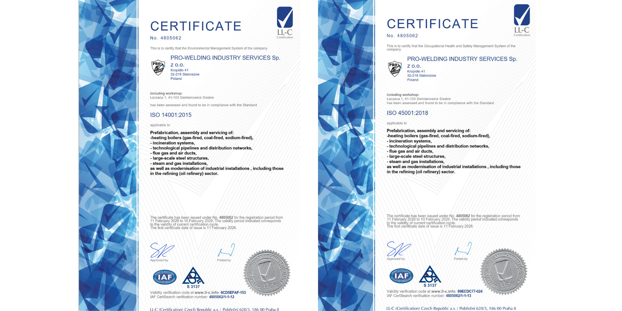 CERTYFIKATY ISO PRO-WELDING: ISO 14001:2015, ISO 45001:2018