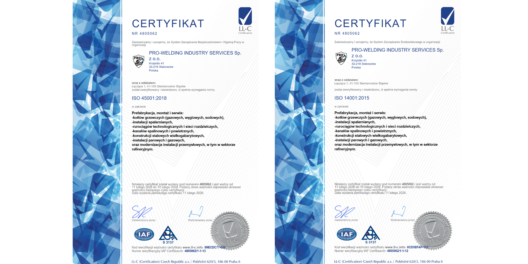 certyfikaty iso pro-welding: ISO 14001:2015, ISO 45001:2018